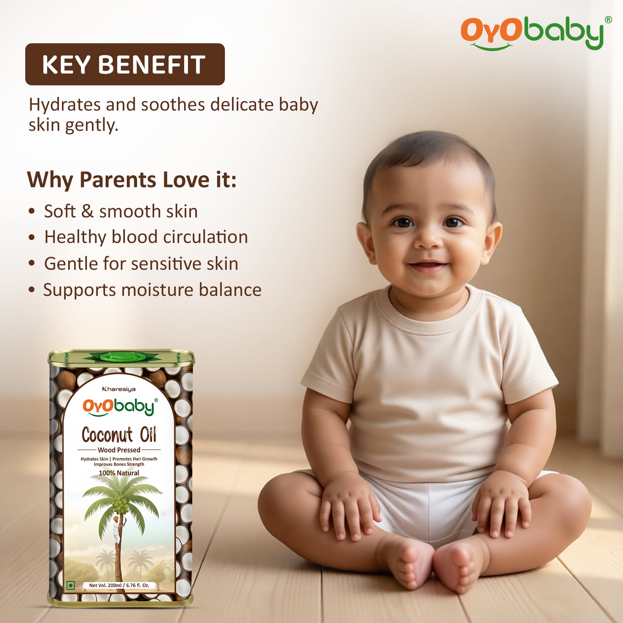 Massage Oil 100% Pure & Natural Coconut Baby Oil | Faster Physical Growth for Stronger Bones and Muscles | Wood Pressed Baby Hair Oil (200 ml)
