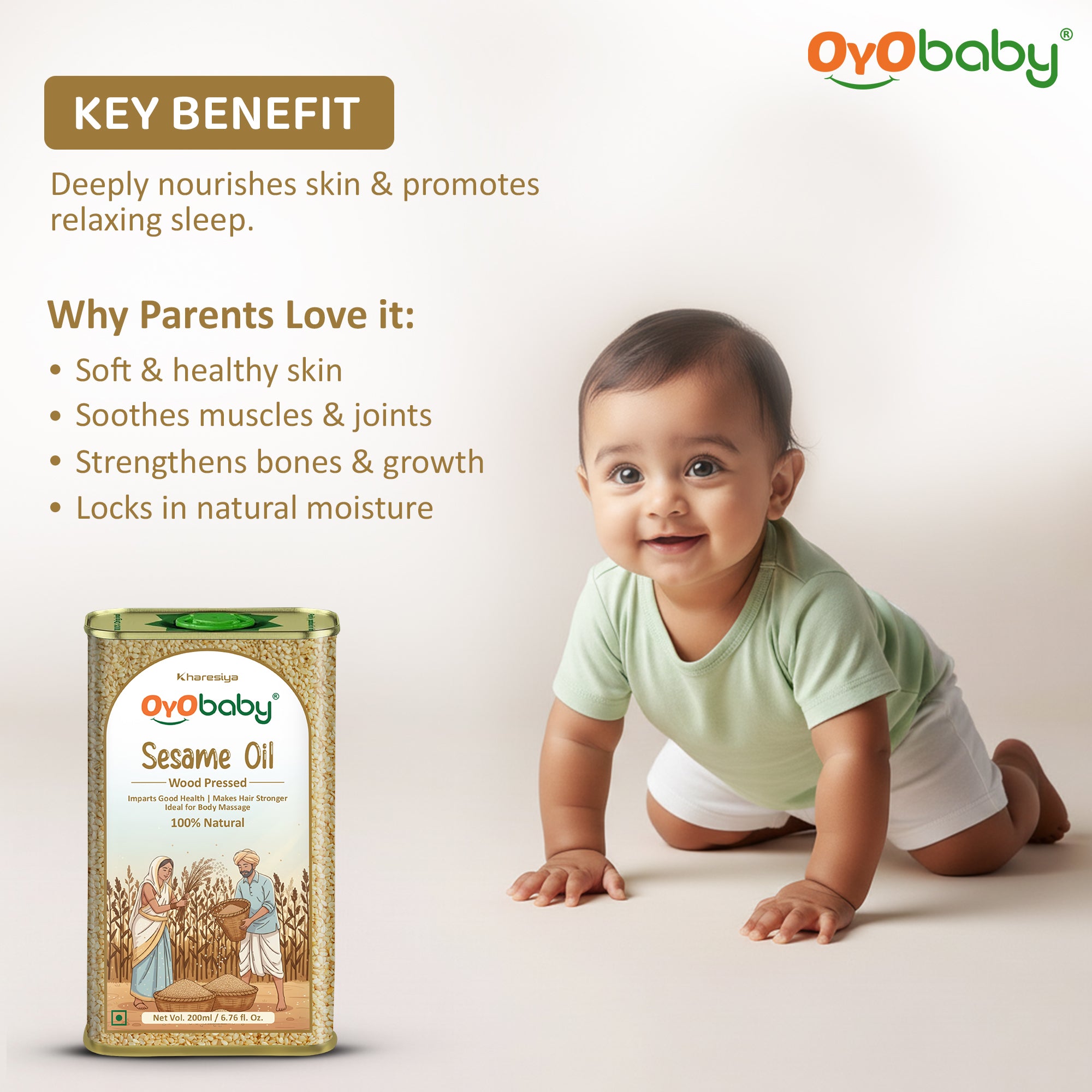Natural Sesame Baby Oil | Wood Pressed Massage Oil for Newborn Hair & Skin Care (200 ml)
