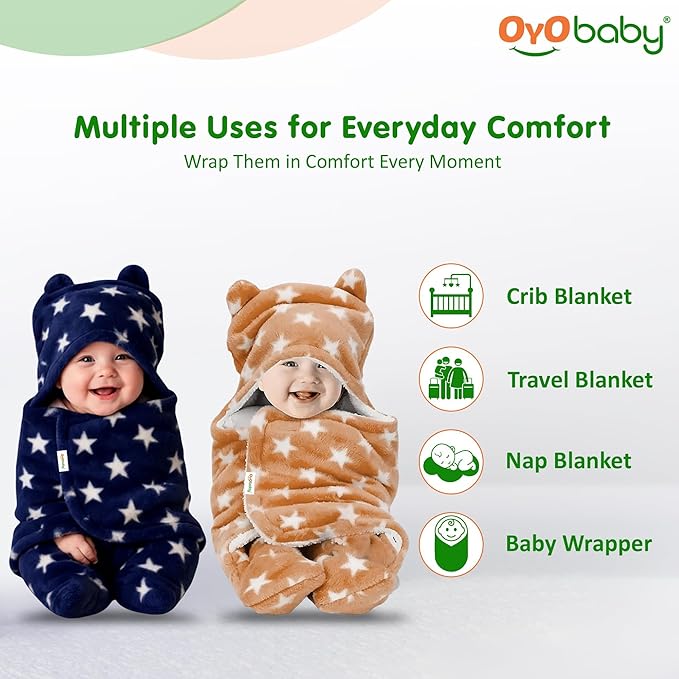 OYO BABY Baby Hooded Blankets Combo | for New Born Babies Baby Boys, Baby Girls, Babies for 0-6 Months, Fleece, Skin Friendly, 2 Blankets (Star Beige+ Star DAR Blue)