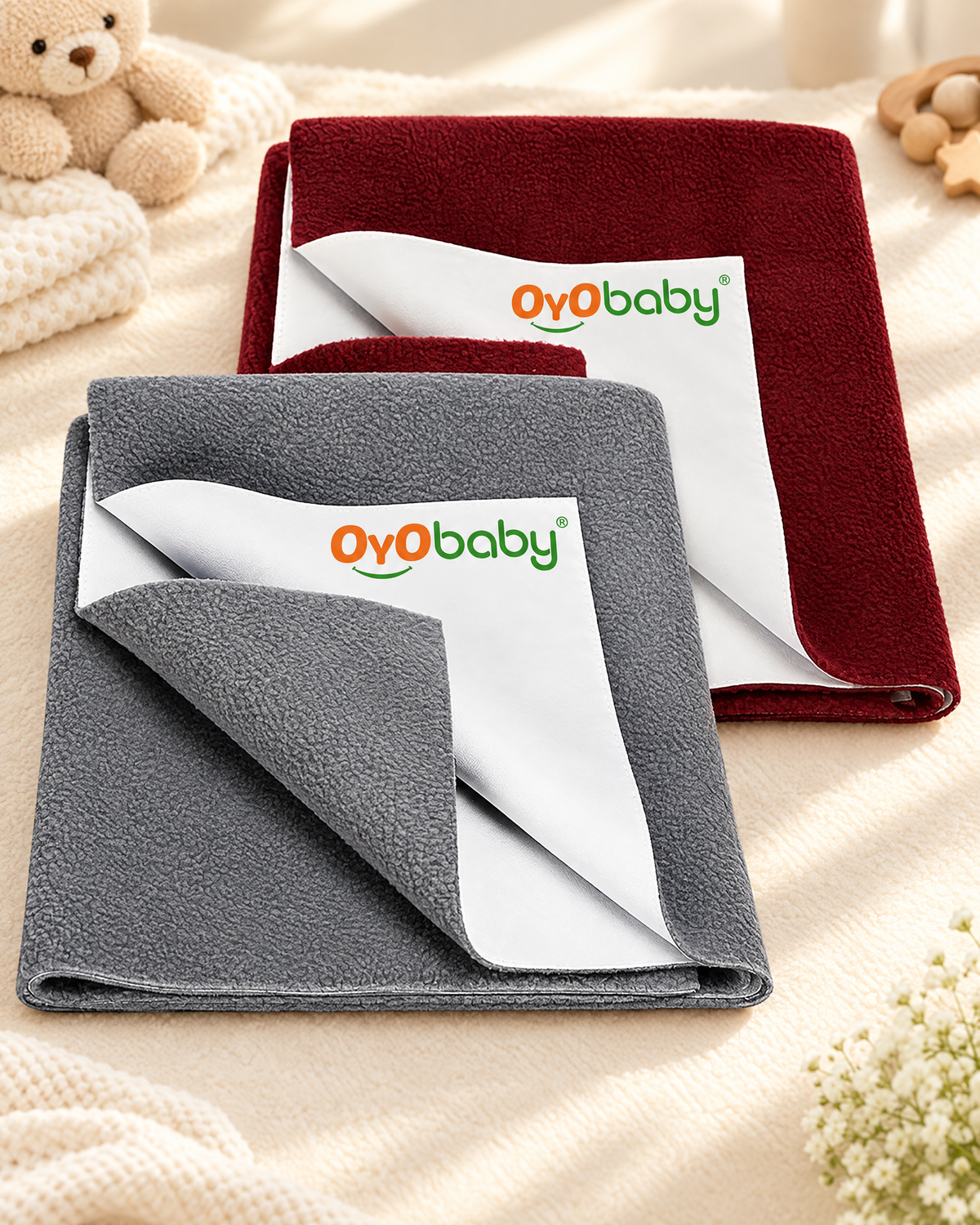 Pack of 2 Baby Mattress Protectors Medium 100×70 cm | Waterproof Dry Sheets | Quick-Dry, Ultra-Soft & Breathable | Suitable for Babies Aged 0-12 Months - Grey + Maroon
