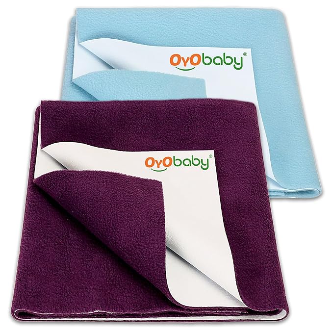 OYO BABY Waterproof Baby Bed Protector Dry Sheets for New Born Babies | Reusable Mats | Cot & Bassinet Gift Pack (Plum + Sea Blue),Small (70cm x 50cm)