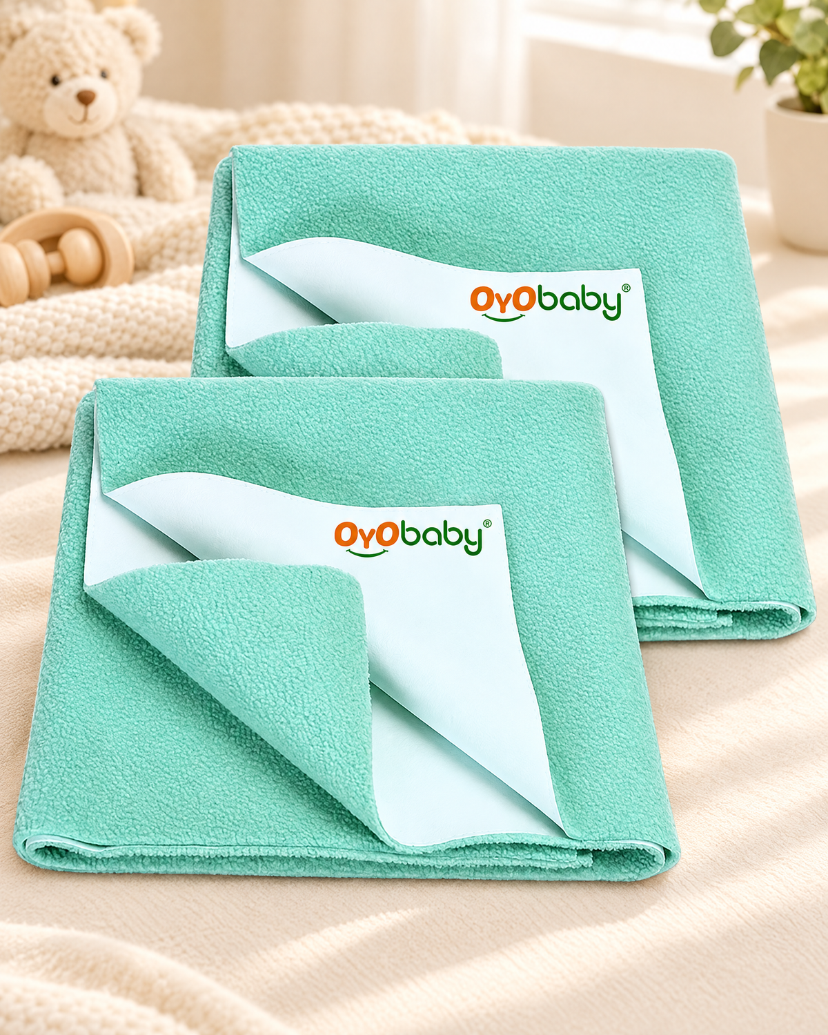 Waterproof Medium Dry Sheet Pack of 2 | Baby Bed Protectors 100×70 cm | Extra Absorbent, Quick Dry, Breathable Fabric for Newborns to 12 Months | Reusable - Sea Green (Large)
