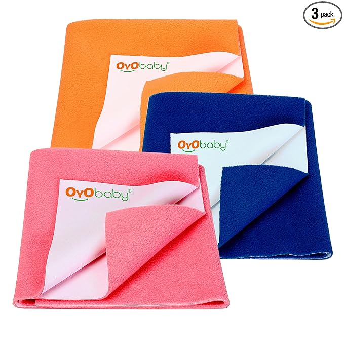 OYO BABY Waterproof Sheet, Extra Absorbent Fastest Dry Sheet for Baby, Anti-Piling Fleece Baby Bed Protector, Medium Size 70x100cm, Pack of 3, Salmon Rose, Royal Blue & Peach