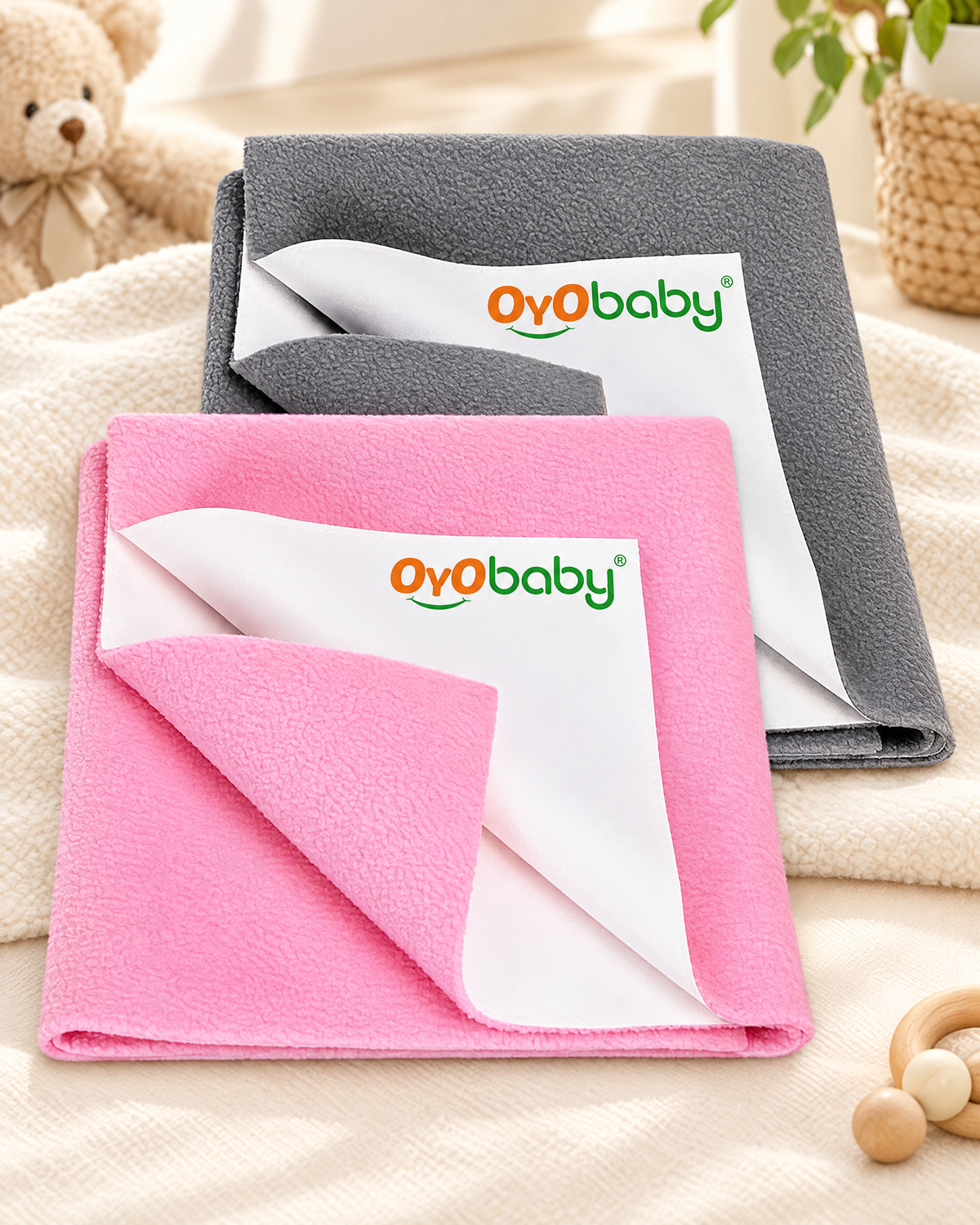Waterproof Dry Sheet Medium Size 100×70 cm Pack of 2 | Reusable, Quick-Dry, Soft and Breathable Bed Protectors for 0-12 Month Olds - Grey + Pink