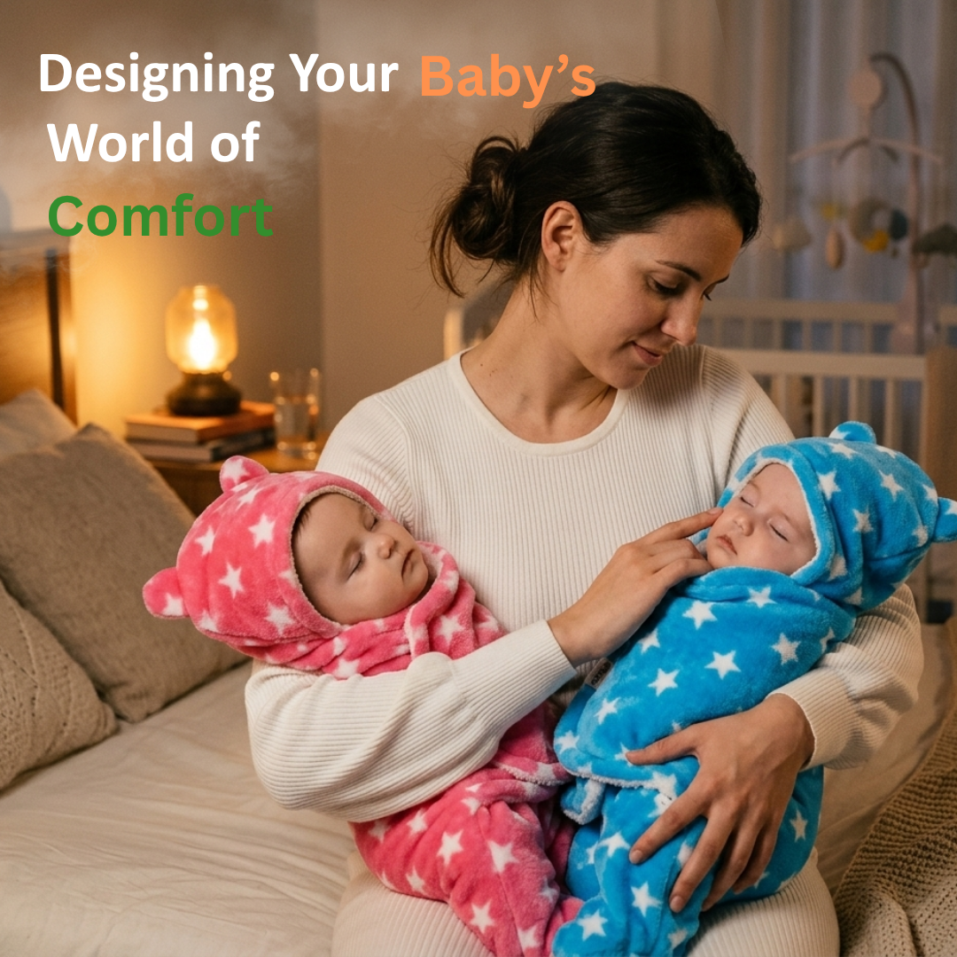 OYO BABY Ultra-Soft Baby Swaddle Wrap Blanket with Hood & Booties – Warm Fleece Sleeping Bag for Newborns (0–6 Months 72 * 68 cm) – Star Print, Grey & Blue