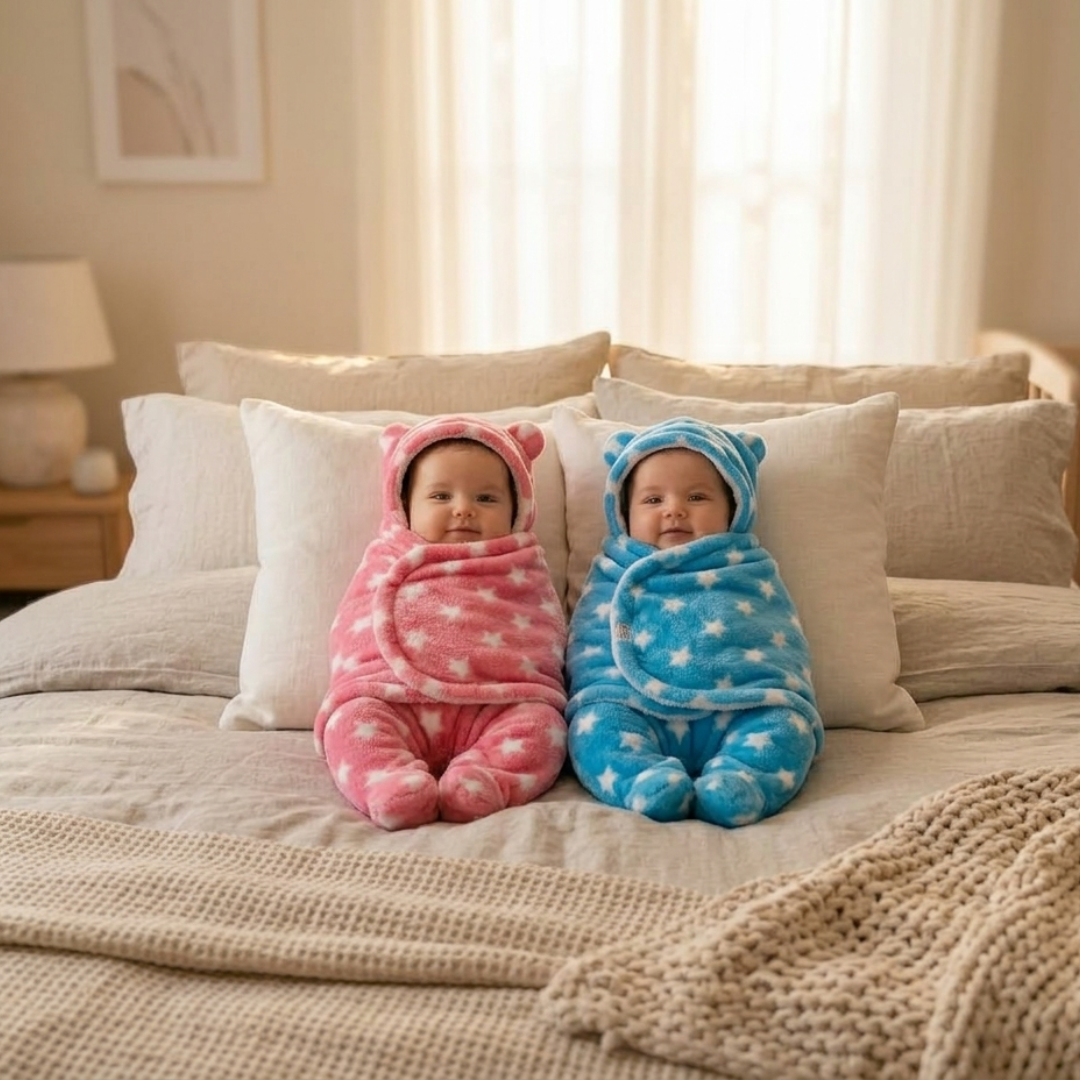 OYO BABY Ultra-Soft Baby Swaddle Wrap Blanket with Hood & Booties – Warm Fleece Sleeping Bag for Newborns (0–6 Months 72 * 68 cm) – Star Print, Grey & Blue