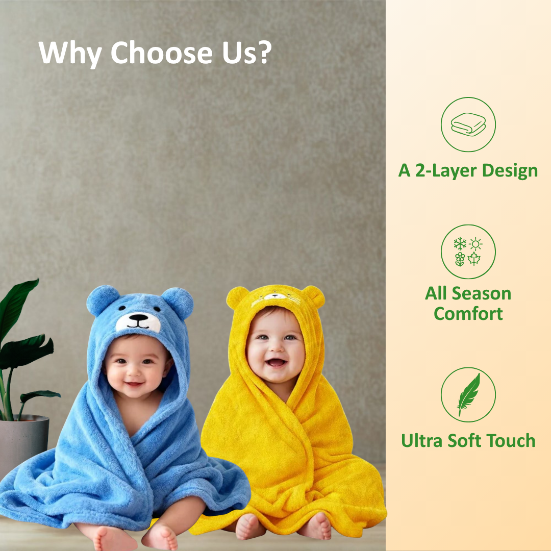 Newborn 3-in-1 Swaddle Blanket with Animal Hood – Soft All-Season Kids Blanket for (0–12 Months, 84x80cm), Skin-Friendly, Blue Bear Design, Perfect Baby Shower Gift