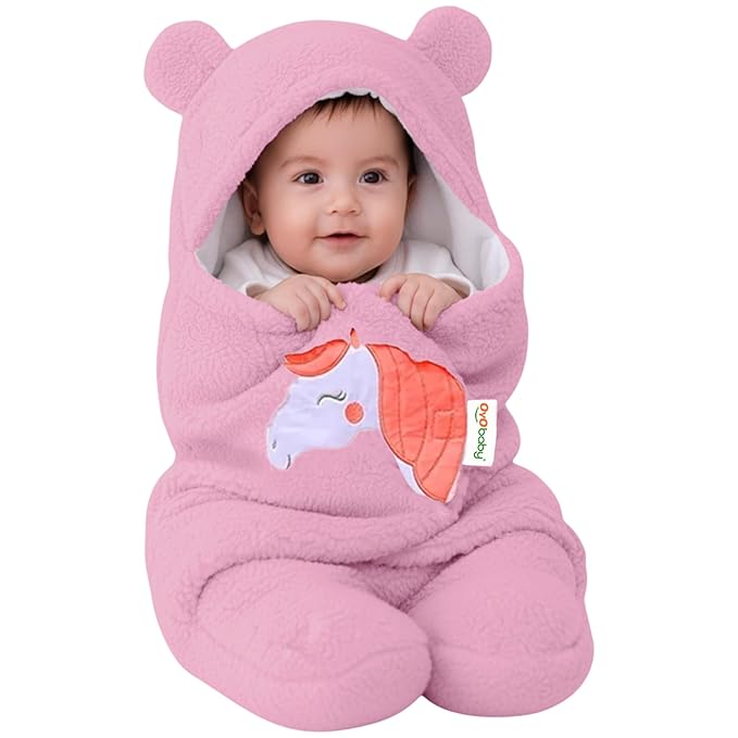 OYO BABY Super Soft Flannel Hooded Swaddle Blanket for Newborn Babies – Lightweight Wrap (0-6 Months, 72x68 cm) - Pink