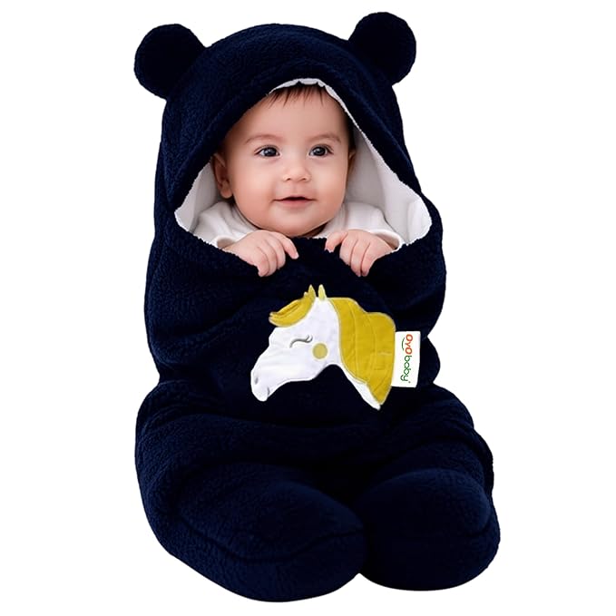 OYO BABY Wearable Hooded Swaddle Blanket for Newborn Babies – (0-6 Months, 72x68cm) Unisex Sleeping Bag Wrap (Dark Blue, Pack of 1)