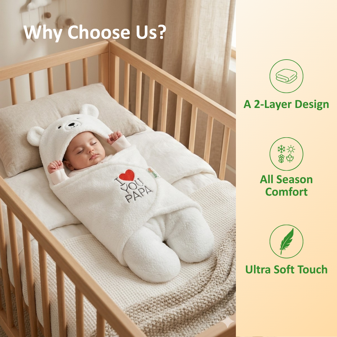 OYO BABY Newborn Hooded Swaddle Blanket Combo – Wearable Wrapper Sleeping Bags (0-6 Months, 72x68cm), Blue & White, I Love MOM & PAPA Embroidery