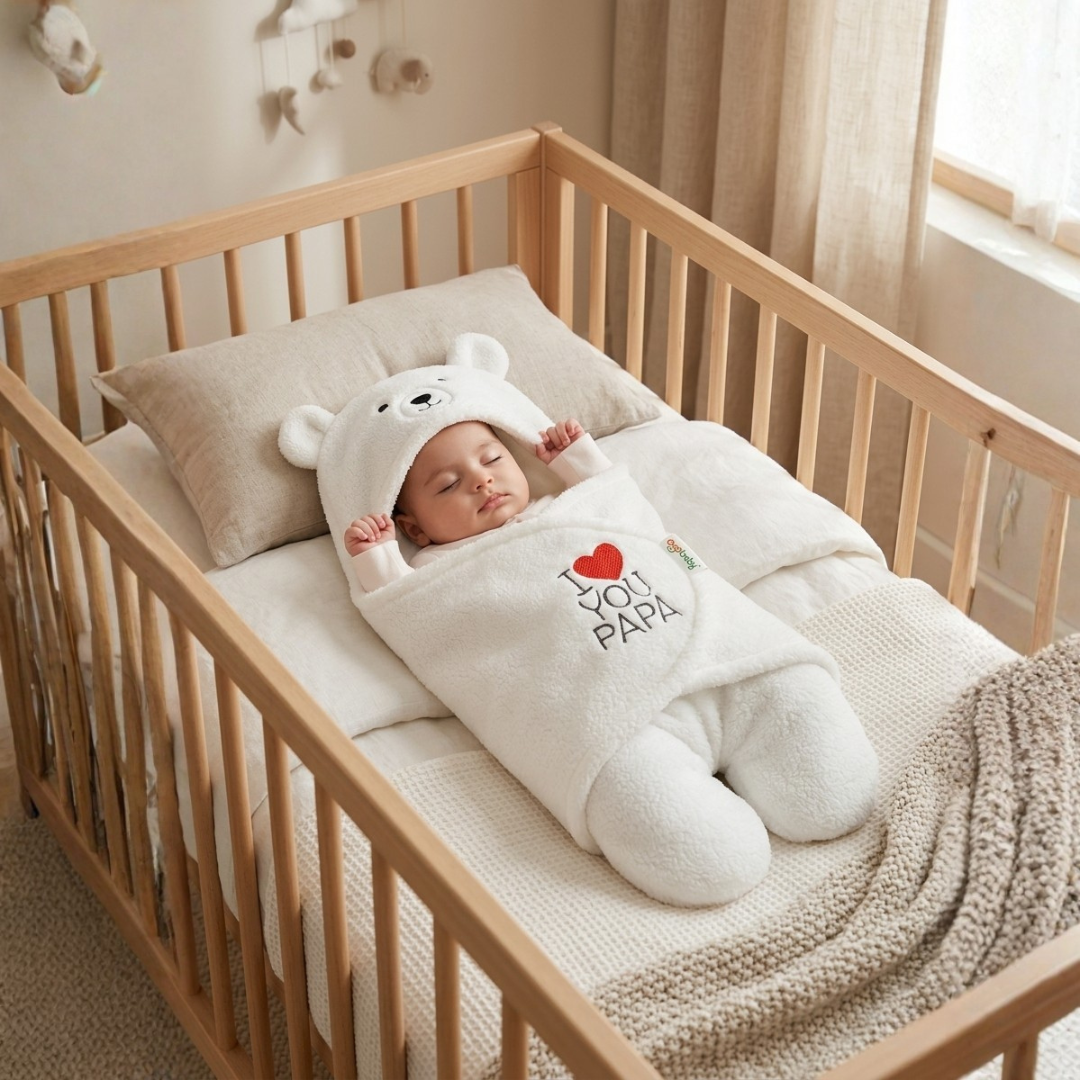 OYO BABY Newborn Hooded Swaddle Blanket Combo – Wearable Wrapper Sleeping Bags (0-6 Months, 72x68cm), Blue & White, I Love MOM & PAPA Embroidery