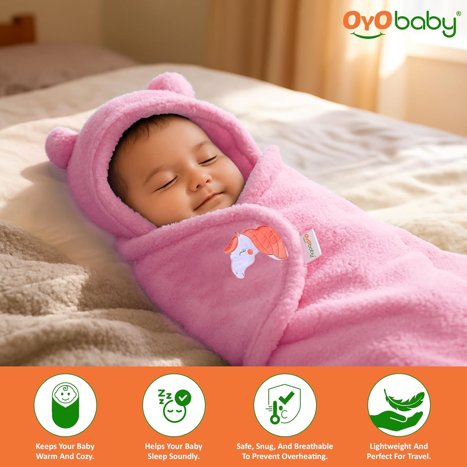 OYO BABY Newborn Baby Blanket Combo Pack – 2 Pcs Super Soft Micro Fleece Wrapper/Sleeping Bag (0-6 Months, 72x68 cm, Pink & Dark Blue, Skin-Friendly, Boys & Girls)