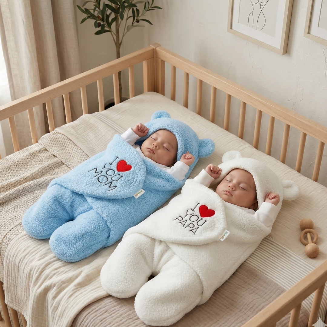 OYO BABY Newborn Hooded Swaddle Blanket Combo – Wearable Wrapper Sleeping Bags (0-6 Months, 72x68cm), Blue & White, I Love MOM & PAPA Embroidery