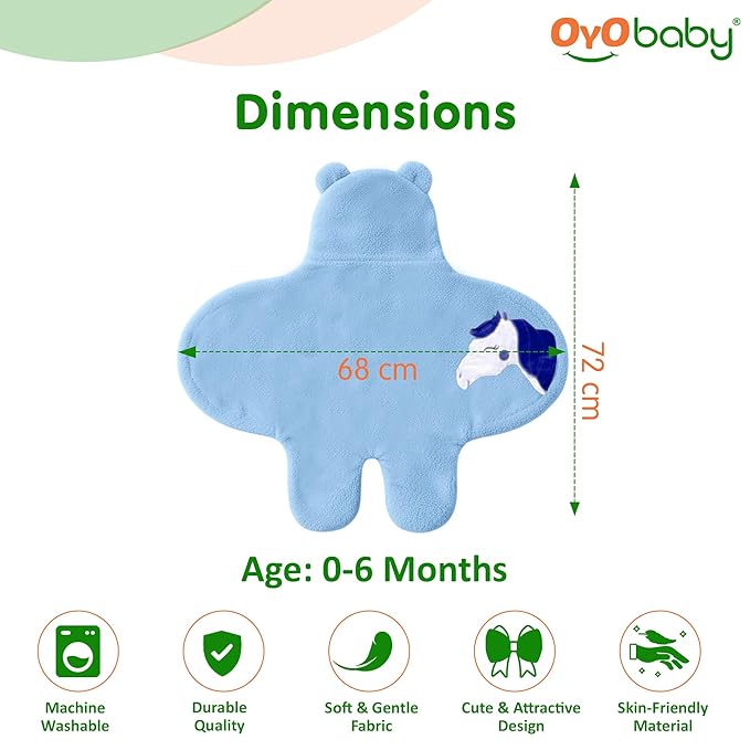 OYO BABY Super Soft Flannel Hooded Swaddle Blanket for Newborn Babies – Lightweight Wrap (0-6 Months, 72x68 cm) - Blue