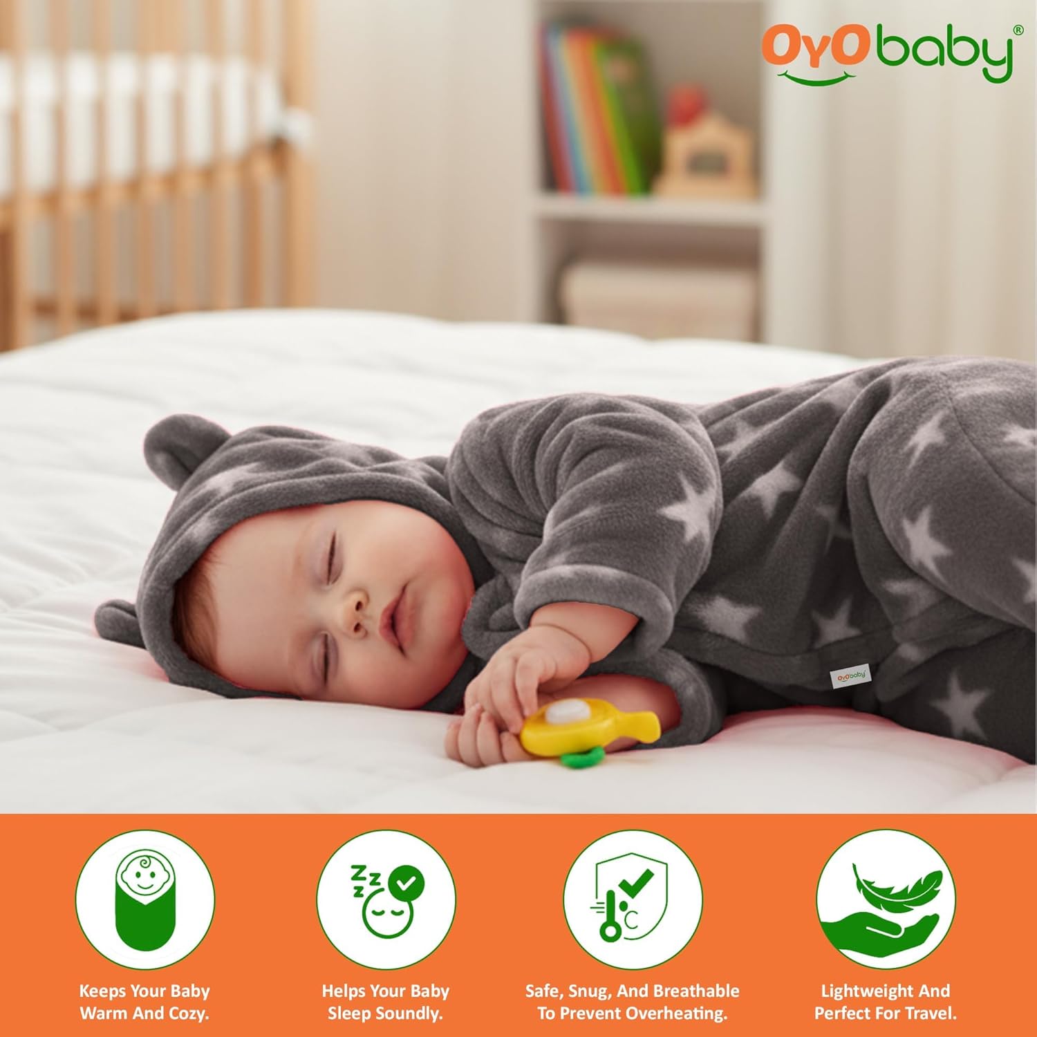 OYO BABY Baby Blankets Combo | for New Born Babies Baby Boys, Baby Girls, Babies for 0-6 Months, Fleece, Skin Friendly, 2 Blankets (Star Blue Square + Star Grey Hooded)