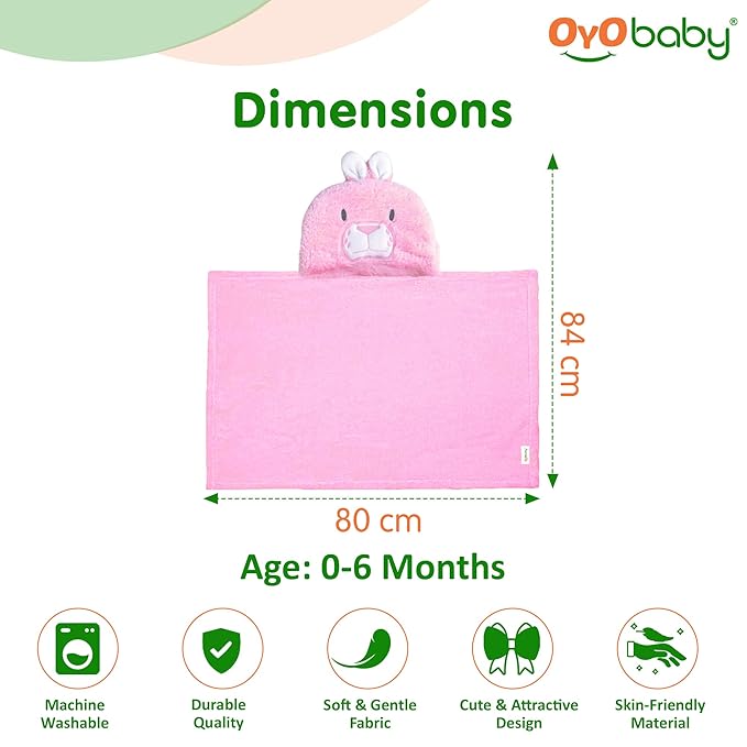 OYO BABY Baby's Super Soft Fleece Wrapper Rabbit Blanket Cum Towel Robe with Hood, Baby Swaddle Wrap, Size 80 x 80 CM, (Pink Rabbit)