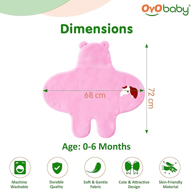 OYO BABY Super Soft Flannel Hooded Swaddle Blanket for Newborn Babies – Lightweight Wrap (0-6 Months, 72x68 cm) - Pink