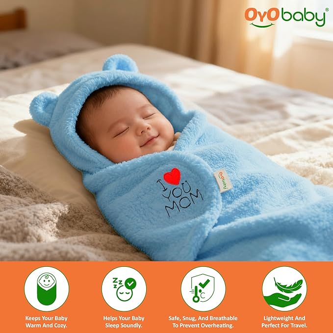 OYO BABY Newborn Baby Hooded Swaddle Blanket – Security Embroidered Wearable Wrapper Sleeping Bag (0-6 Months, 78x68cm, I Love MOM, Blue)