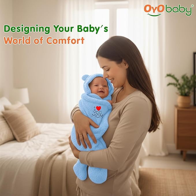 OYO BABY Newborn Baby Hooded Swaddle Blanket – Security Embroidered Wearable Wrapper Sleeping Bag (0-6 Months, 78x68cm, I Love MOM, Blue)