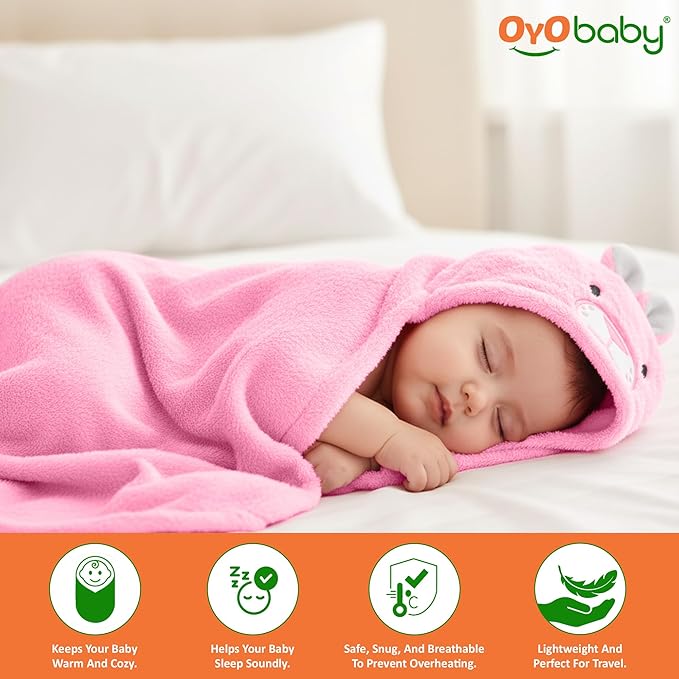 OYO BABY Baby's Super Soft Fleece Wrapper Rabbit Blanket Cum Towel Robe with Hood, Baby Swaddle Wrap, Size 80 x 80 CM, (Pink Rabbit)