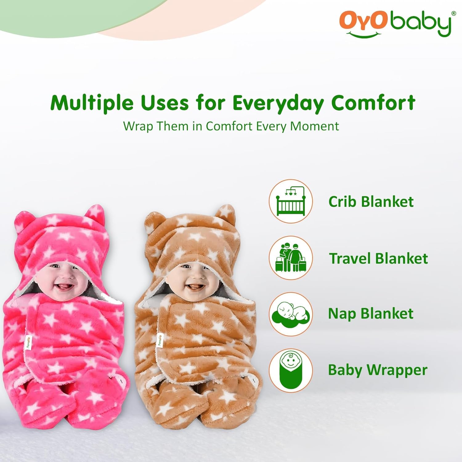 OYO BABY Ultra-Soft Baby Swaddle Wrap Blanket with Hood & Booties – Warm Fleece Sleeping Bag for Newborns (0–6 Months 72 * 68 cm) – Star Print, Beige & Pink