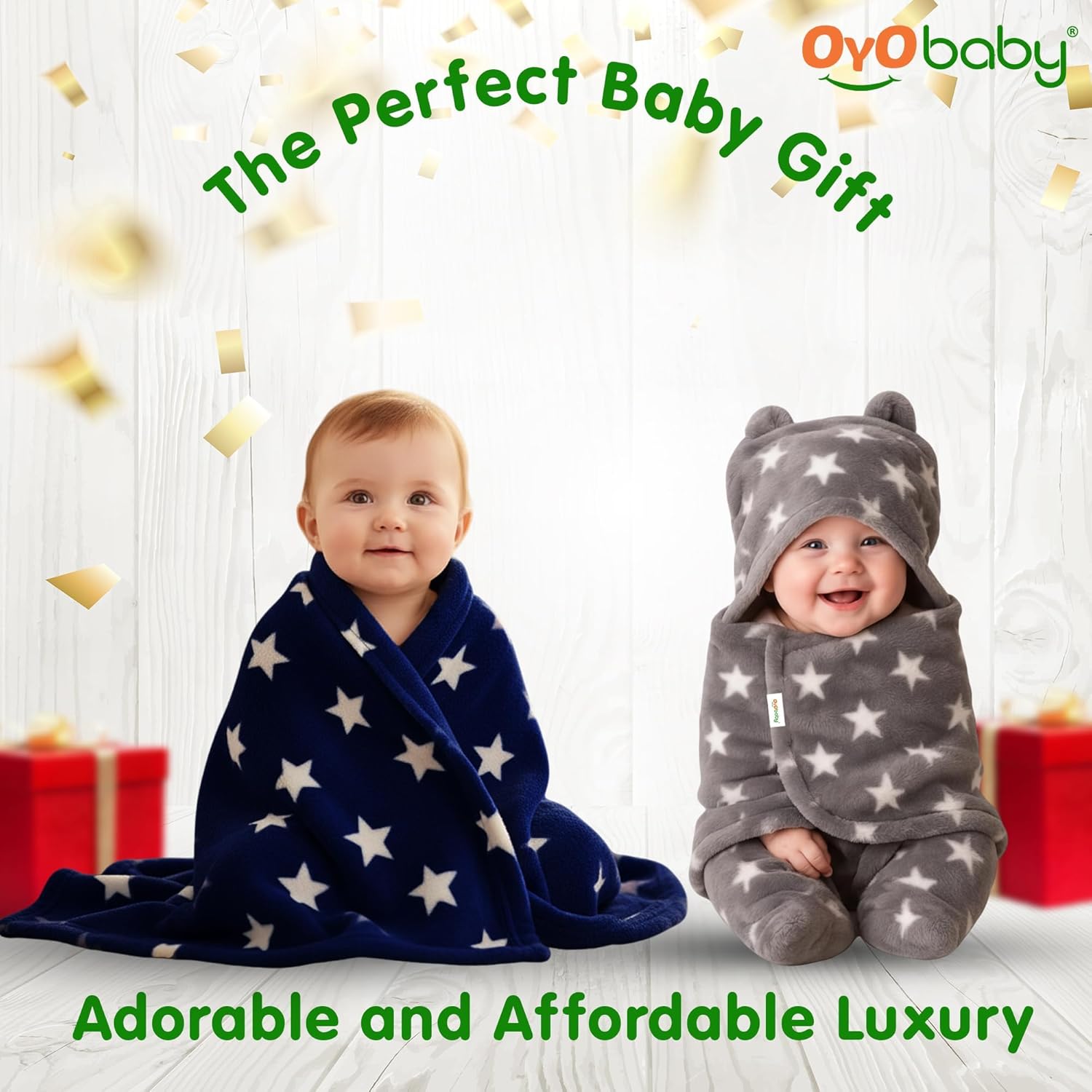 OYO BABY Baby Blankets Combo | for New Born Babies Baby Boys, Baby Girls, Babies for 0-6 Months, Fleece, Skin Friendly, 2 Blankets (Star Dark Blue Square + Star Grey Hooded)