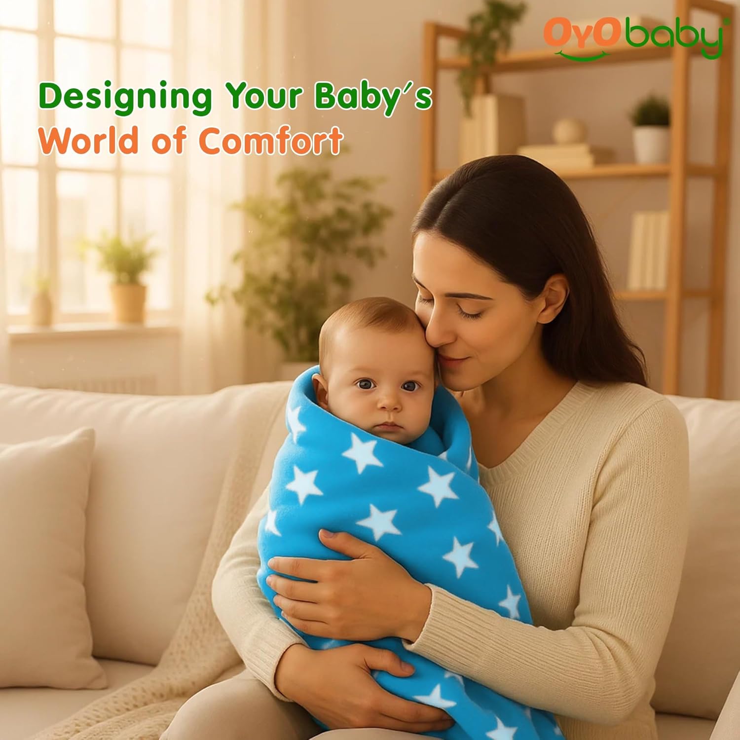 OYO BABY Soft Fleece Baby Blanket with Star Print Blue| Newborn Swaddle Wrap | Ultra Cozy, Lightweight & Breathable | Infant Bedding | Baby Shower Gift | 0-24 Months 100 * 75 cm | Unisex Baby Blanket