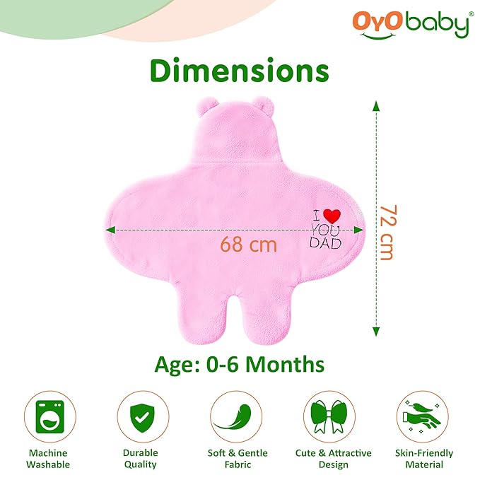 OYO BABY Newborn Baby Hooded Swaddle Blanket – Embroidered Wearable Wrapper Sleeping Bag (0-6 Months,72x68, I Love DAD, Pink