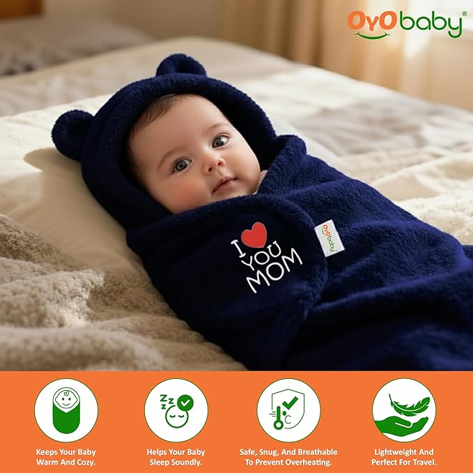 OYO BABY Newborn Baby Hooded Swaddle Blanket – Security Embroidered Wearable Wrapper Sleeping Bag (0-6 Months, 72x68, I Love MOM, Dark Blue)