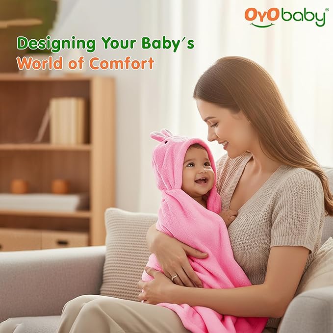OYO BABY Baby's Super Soft Fleece Wrapper Rabbit Blanket Cum Towel Robe with Hood, Baby Swaddle Wrap, Size 80 x 80 CM, (Pink Rabbit)
