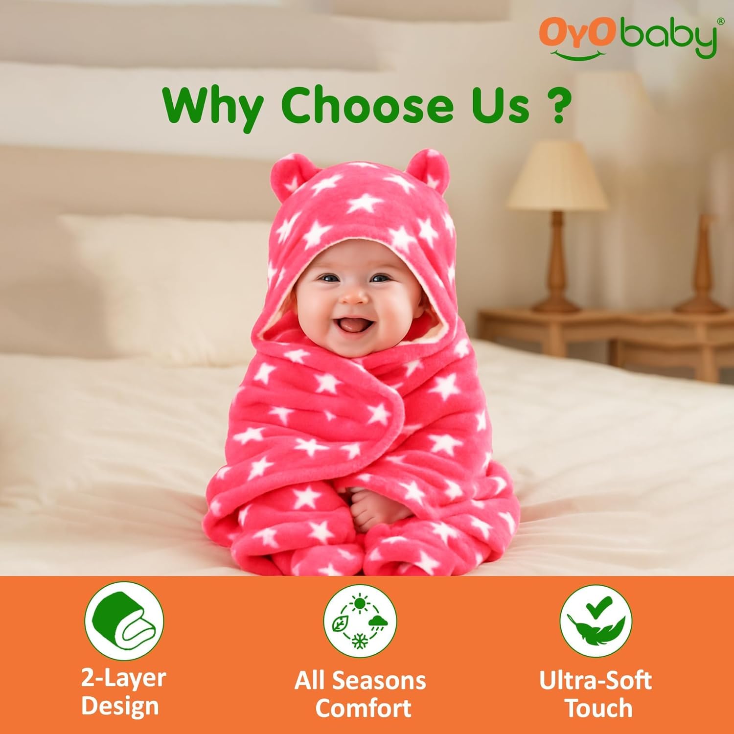 OYO BABY Ultra-Soft Baby Swaddle Wrap Blanket with Hood & Booties – Warm Fleece Sleeping Bag for Newborns (0–6 Months 72 * 68 cm) – Star Print, Beige & Pink