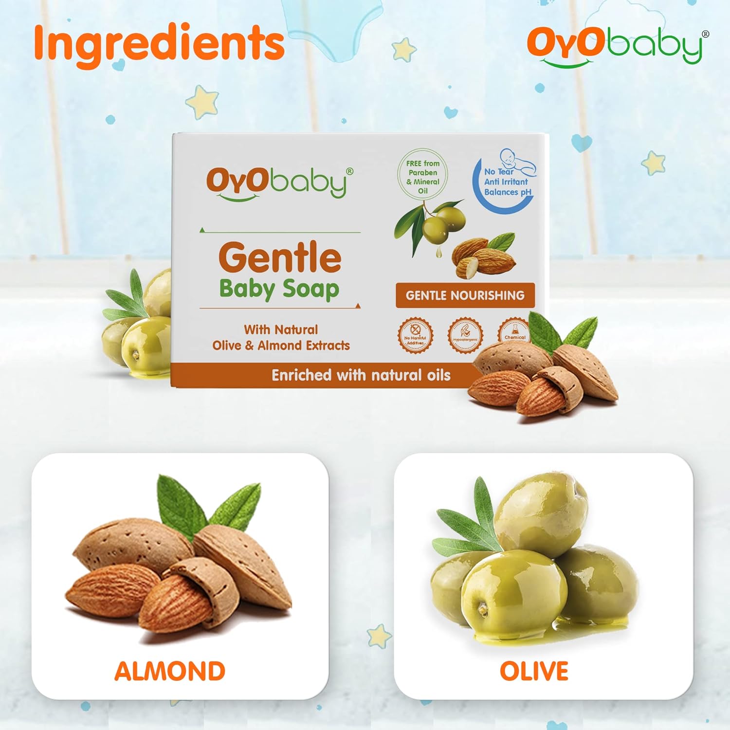 OYO BABY Gentle Baby Bathing Soap Bar - 75g | Baby Bathing Soap Bar with Natural Olive & Almond | Skin-Friendly Cleansing Soap for Soft Baby Skin