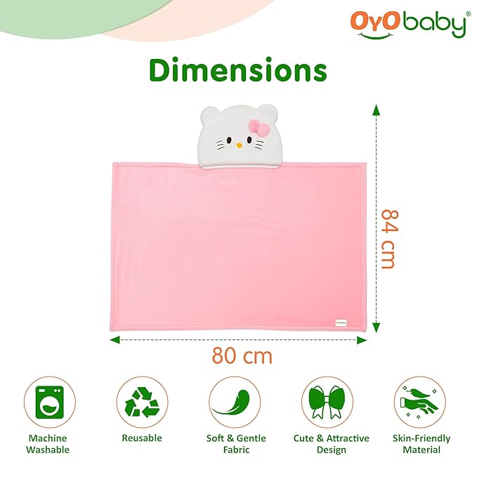 OYO BABY Newborn 3-in-1 Swaddle Blanket with Animal Hood – Soft All-Season Kids Blanket for (0–12 Months, 84x80cm), Skin-Friendly, Pink Kitty Design, Perfect Baby Shower Gift