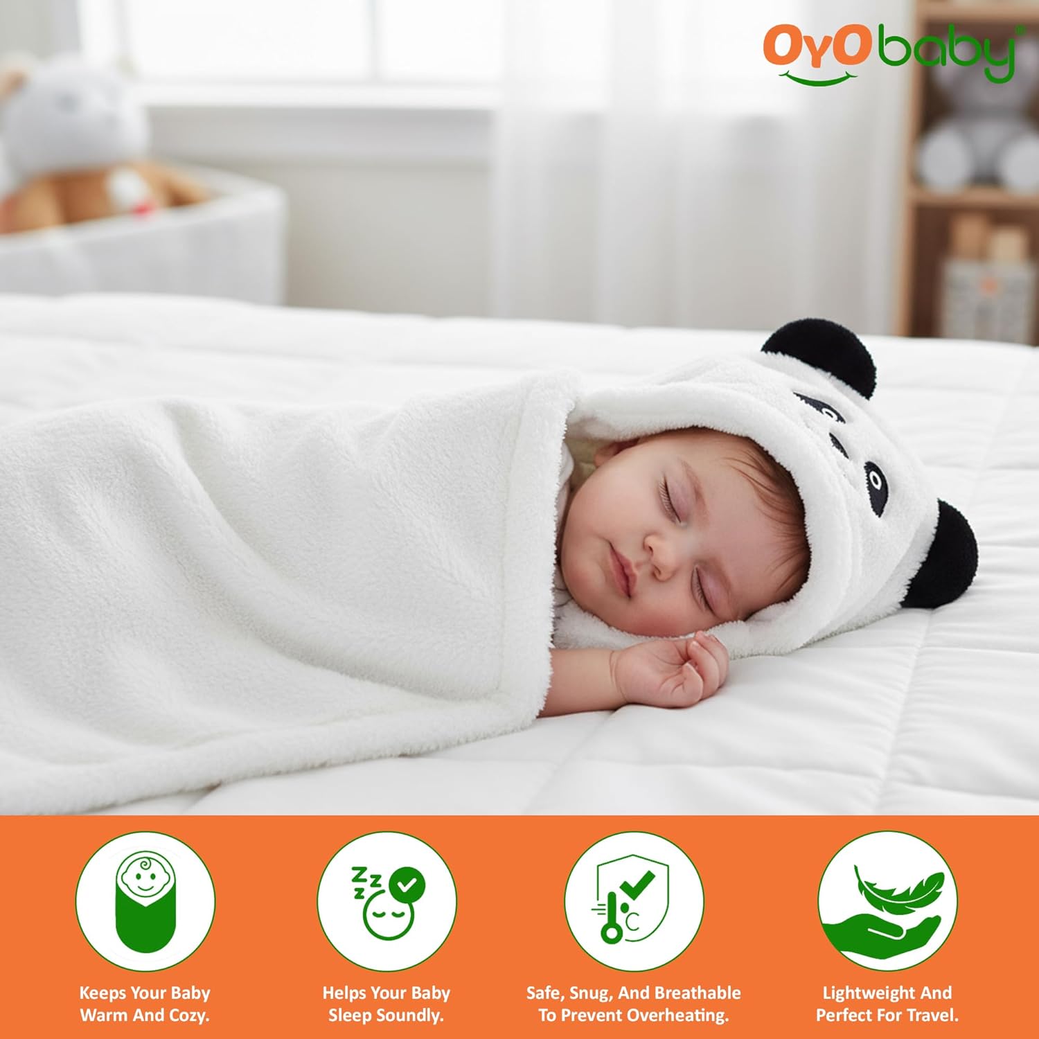OYO BABY Newborn Baby Blanket Combo Pack – Hooded Wrapper Sleeping Bag & Baby Bath Towel (0-12 Months, Boys & Girls, Flannel, White Panda & Unicorn White, Pack of 2)