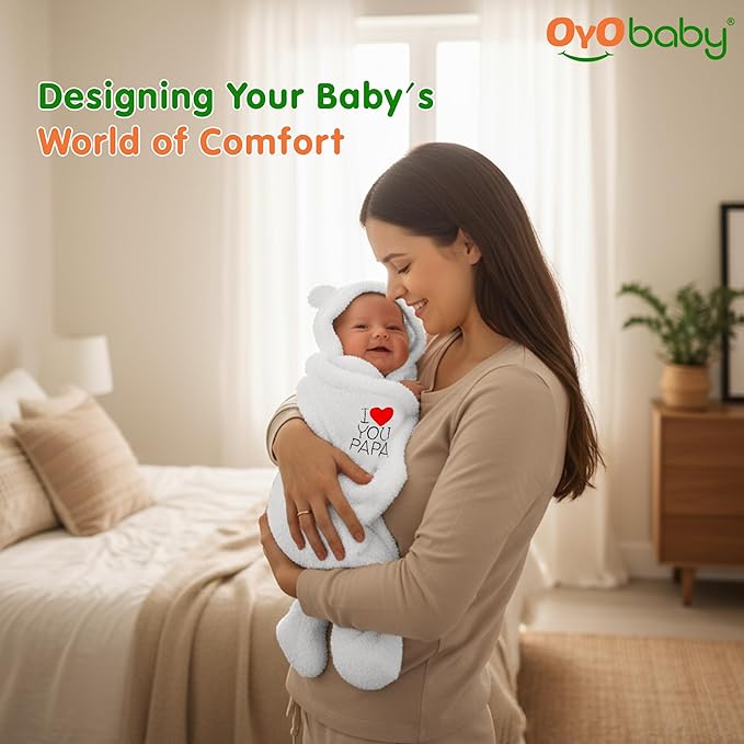 OYO BABY Newborn Hooded Swaddle Blanket – Wearable Wrapper Sleeping Bag (0-6 Months, 72x68 cm), White, I Love PAPA, Embroidery