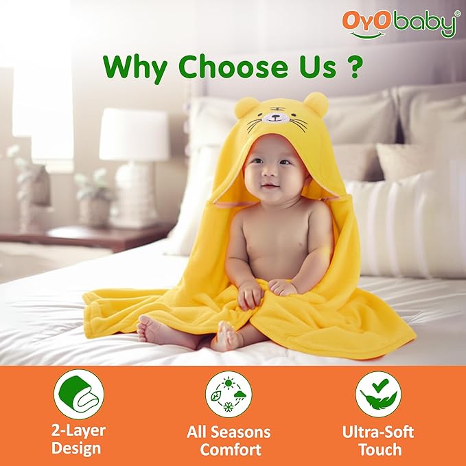 OYO BABY Newborn 3-in-1 Swaddle Blanket with Animal Hood – Soft All-Season Baby Blanket for (0–12 Months, 84x80cm), Skin-Friendly, Yellow Tiger Design, Perfect Baby Shower Gift