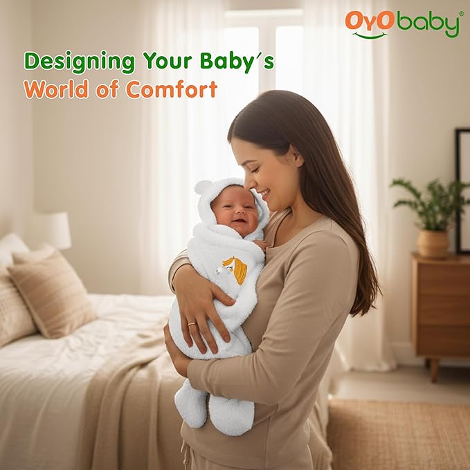 OYO BABY Wearable Hooded Swaddle Blanket for Newborn Babies – 0-6 Months, 72x68 cm, Unisex Sleeping Bag Wrap (White, Pack of 1)
