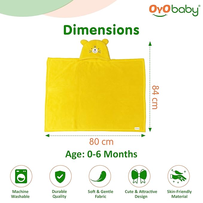 OYO BABY Newborn 3-in-1 Swaddle Blanket with Animal Hood – Soft All-Season Baby Blanket for (0–12 Months, 84x80cm), Skin-Friendly, Yellow Tiger Design, Perfect Baby Shower Gift