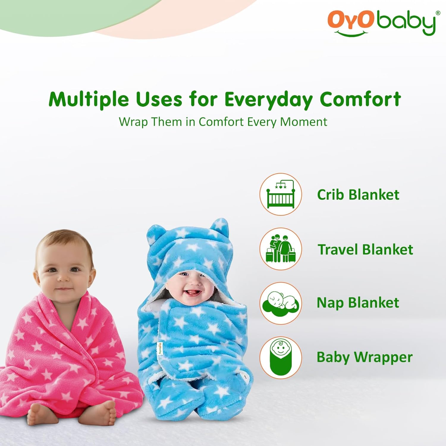 OYO BABY Baby Blankets Combo | for New Born Babies Baby Boys, Baby Girls, Babies for 0-6 Months, Fleece, Skin Friendly, 2 Blankets (Star Pink Square + Star Blue Hooded)