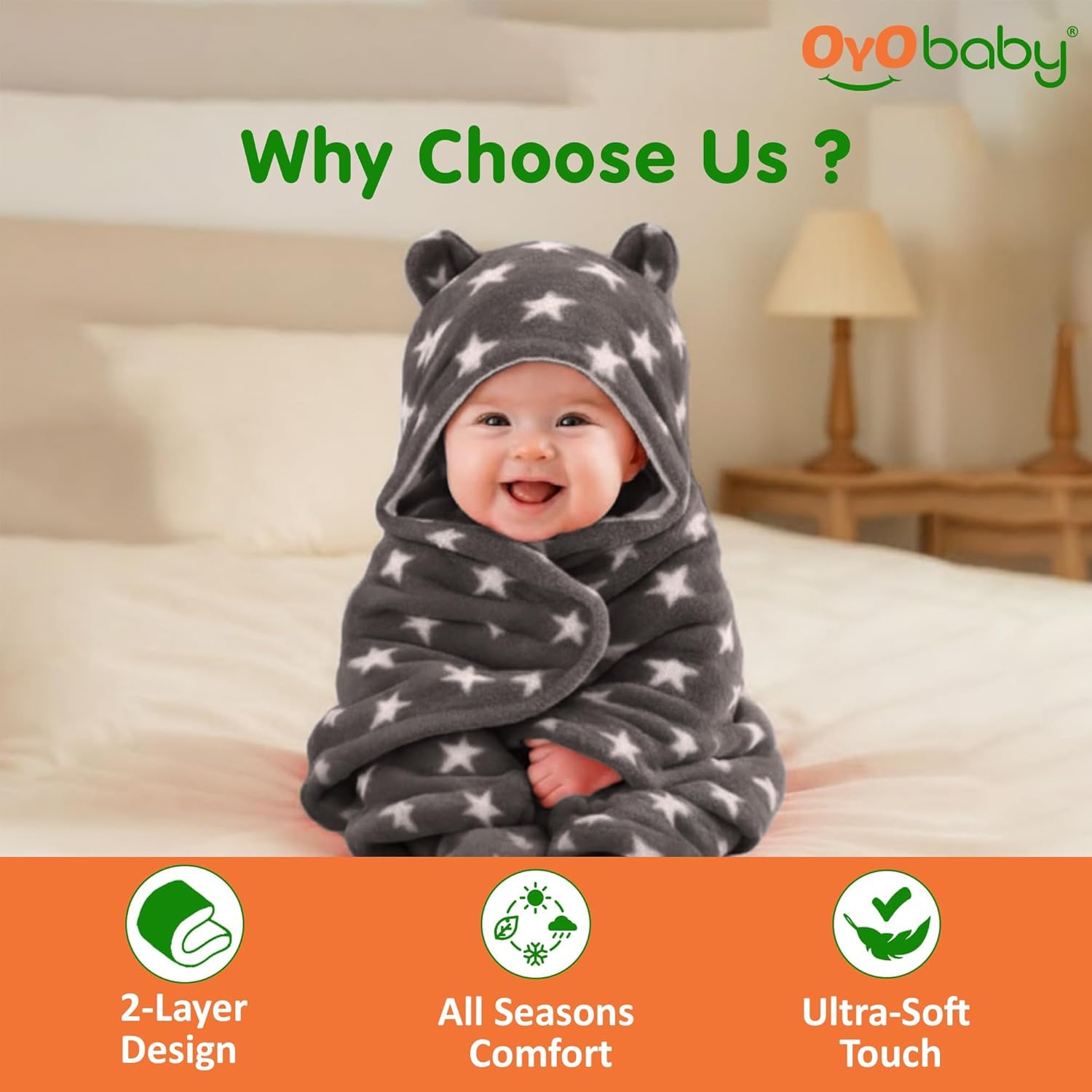 OYO BABY Baby Blankets Combo | for New Born Babies Baby Boys, Baby Girls, Babies for 0-6 Months, Fleece, Skin Friendly, 2 Blankets (Star Blue Square + Star Grey Hooded)