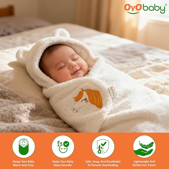OYO BABY Wearable Hooded Swaddle Blanket for Newborn Babies – 0-6 Months, 72x68 cm, Unisex Sleeping Bag Wrap (White, Pack of 1)
