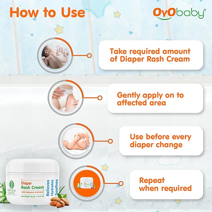 OYO BABY Diaper Rash Cream, 50g | Natural Nappy Cream for Newborns & Babies | Prevents & Treats Diaper Rash | Enriched with Aloe Vera & Almond