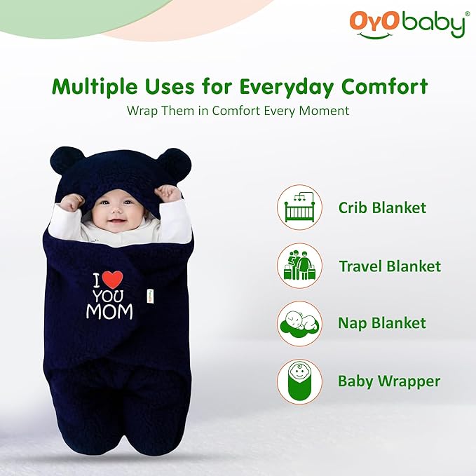 OYO BABY Newborn Baby Hooded Swaddle Blanket – Security Embroidered Wearable Wrapper Sleeping Bag (0-6 Months, 72x68, I Love MOM, Dark Blue)