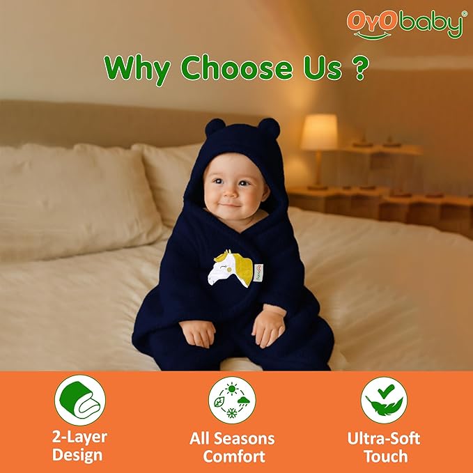 OYO BABY Wearable Hooded Swaddle Blanket for Newborn Babies – (0-6 Months, 72x68cm) Unisex Sleeping Bag Wrap (Dark Blue, Pack of 1)