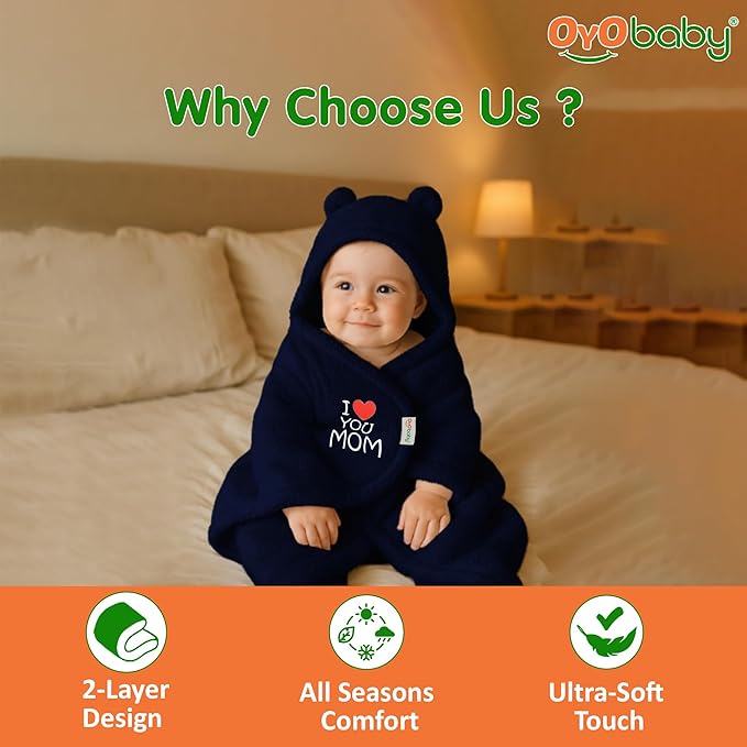 OYO BABY Newborn Baby Hooded Swaddle Blanket – Security Embroidered Wearable Wrapper Sleeping Bag (0-6 Months, 72x68, I Love MOM, Dark Blue)