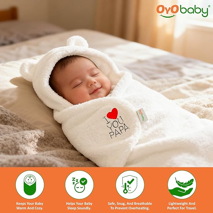 OYO BABY Newborn Hooded Swaddle Blanket – Wearable Wrapper Sleeping Bag (0-6 Months, 72x68 cm), White, I Love PAPA, Embroidery