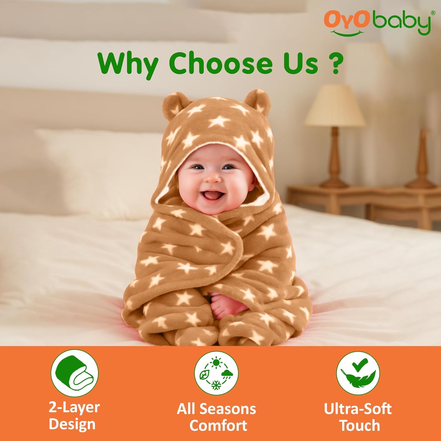 OYO BABY Baby Hooded Blankets Combo | for New Born Babies Baby Boys, Baby Girls, Babies for 0-6 Months, Fleece, Skin Friendly, 2 Blankets (Star Beige+ Star DAR Blue)