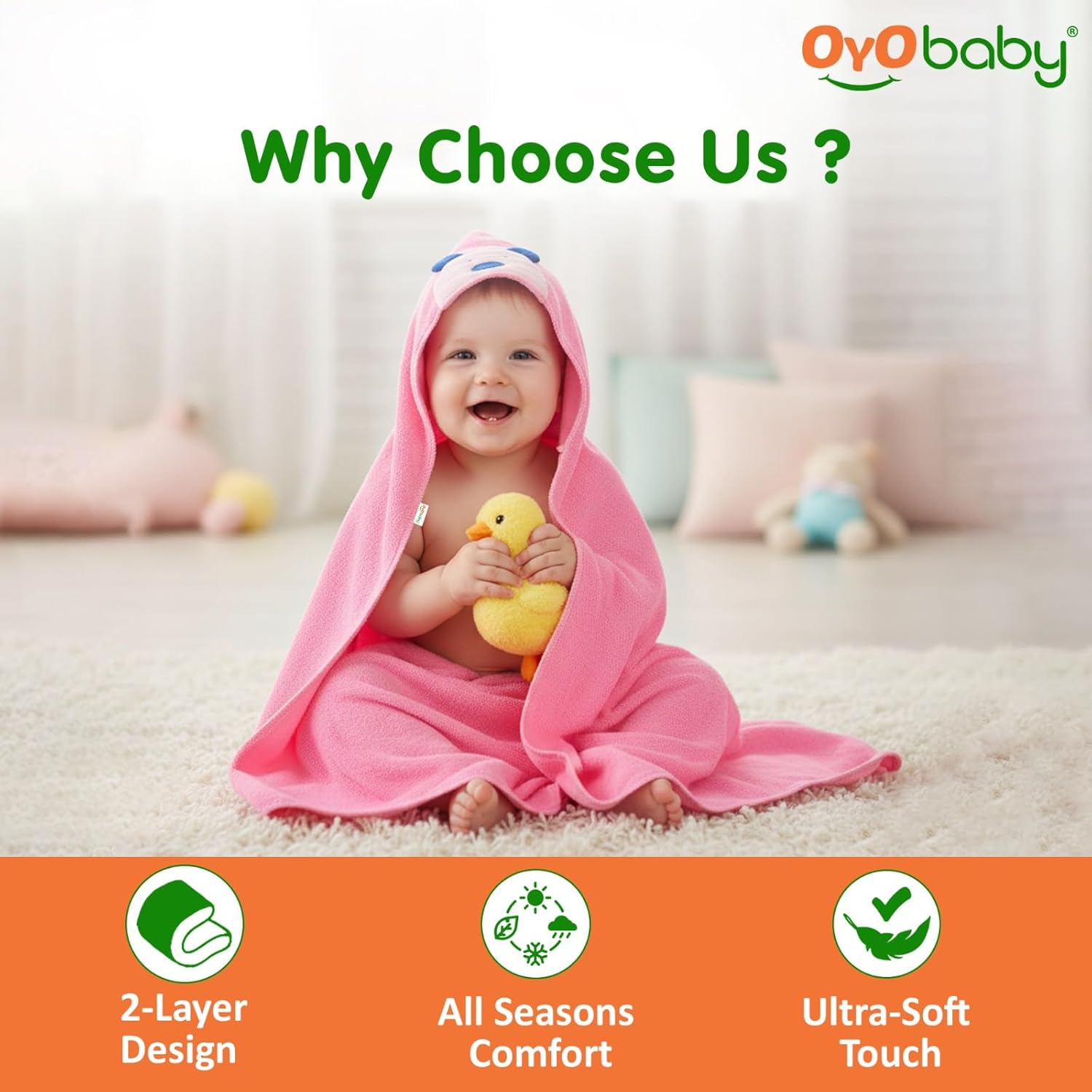 OYO BABY Baby Blanket Combo Pack – 3 Pcs Hooded Wrappers for Newborn Boys & Girls | Soft, Lightweight, Multi-Purpose Baby Wrapper/Blanket (0–12 Months, 84×62 cm)