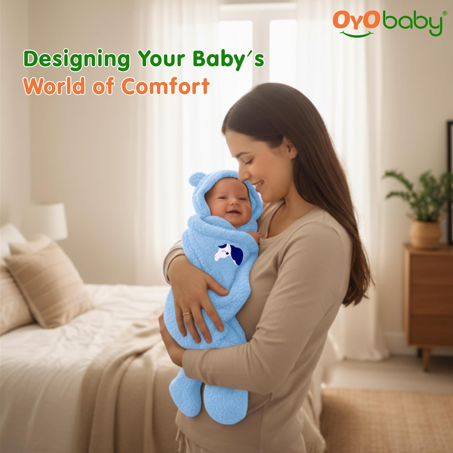 OYO BABY Newborn Baby Blanket Combo Pack – Hooded Sleeping Bag & Baby Blanket (0-12 Months, Bear Design & Unicorn Embroidery, Microfiber Fleece & Sherpa, (84x80 & 72x68 cm), Pack of 2