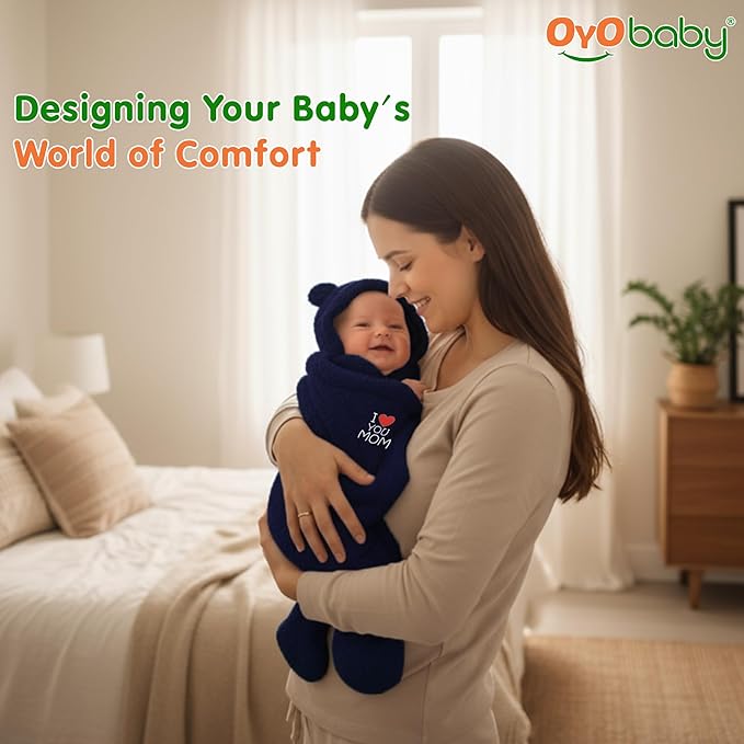 OYO BABY Newborn Baby Hooded Swaddle Blanket – Security Embroidered Wearable Wrapper Sleeping Bag (0-6 Months, 72x68, I Love MOM, Dark Blue)